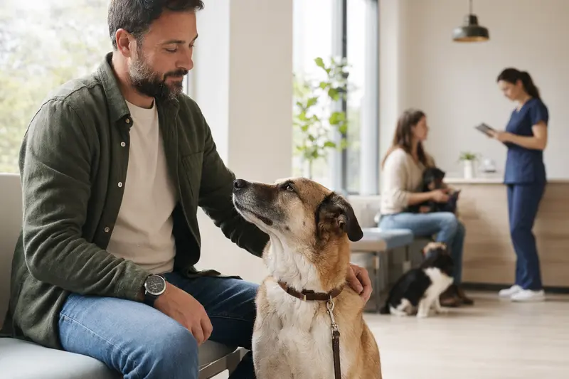 Ein Anatolier Hund sitzt entspannt neben seinem Besitzer im hellen Wartezimmer einer modernen Tierarztpraxis.
